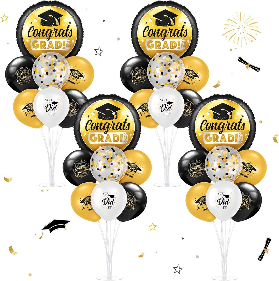 Kasyat 4 Set Glod and Black 2026 Graduation Table Centerpiece Balloon Stand Kit Congrats Grad Foil Balloons for Graduation Party Supplies Decorations