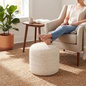 Palisa Natural Jute Pouf Ottoman 16 X 18Inch | Handwoven Round Boho Floor Pouf for Living Room Decor | Lightweight Decorative Footrest Accent Stool for Bedroom Nursery & Apartment - White