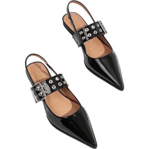 Floerns Women's Buckled Straps Pointed Toe Slingback Flat Ballerina Shoes (7.5, Black)