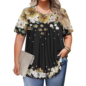 IN'VOLAND Womens Plus Size Tops Short Sleeve Tunic Crew Neck Shirts Summer Casual Loose Blouse 1X-5X (2X, Black Flower)