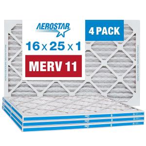Aerostar 16x25x1 MERV 11 - 4 Count - Pleated HVAC, Furnace & Air Conditioner Filters - Removes Dust, Cold & Flu Germs, Lint, Mold, Pet Dander, Allergy-Causing Pollen, Smog & Smoke