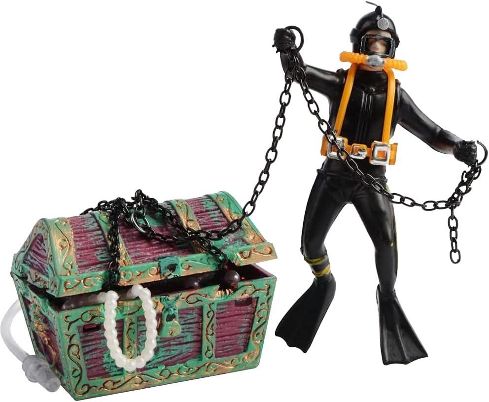 Live-Action Aquarium Ornament Undersea Treasure Chest Diver, Air Bubbler Aerating Fish Tank Decorations Black Color