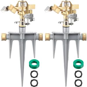 2 Pack Brass Impact Sprinklers for Yard Adjustable Lawn Sprinkler with Heavy Duty Brass Head and Aluminum Spike Base Tape Lawn Equipment for Large Area Yard Patio Garden Irrigation