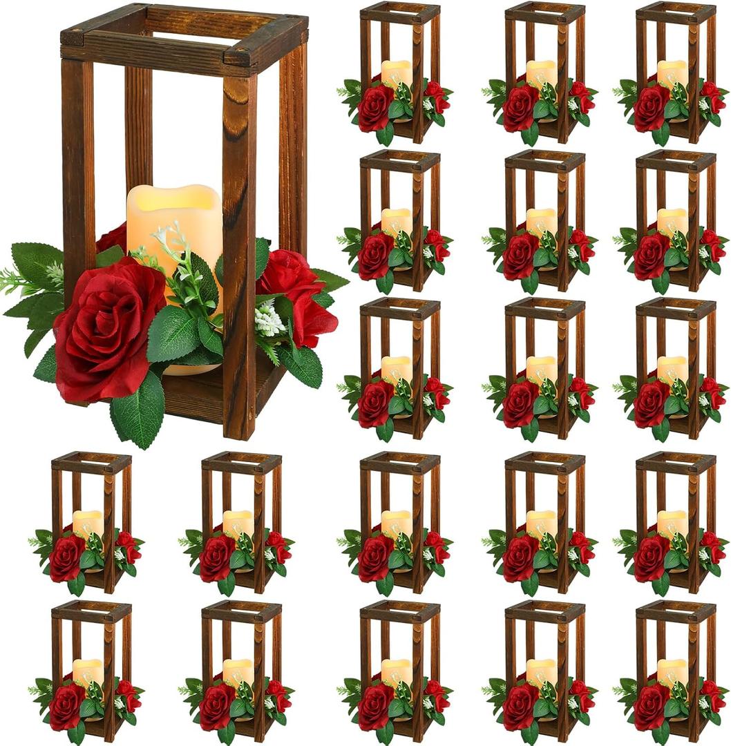 Hushee 60 Pcs Integrated Wedding Lantern Centerpiece Rustic Wooden Holder with Candles and Rings Farmhouse Candle Lantern Decor for Home Valentine Wedding Party Table Decor (Brown and Red)