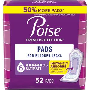 Poise Incontinence Pads & Postpartum Incontinence Pads, 6 Drop Ultimate Absorbency, Regular Length, 52 Count