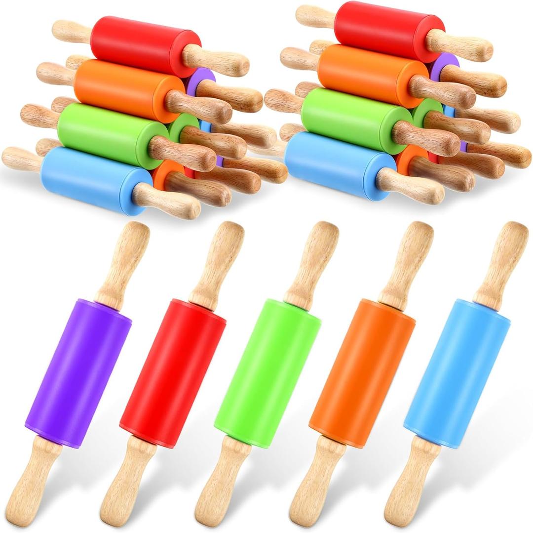 20 Pcs Small Rolling Pin Kids 9 Inch Mini Rolling Pin Silicone Wooden Cooking Pins Baking 5 Colors Non Stick Kids with Wooden Handle for Christmas Kitchen Dough Cookie Pastry Fondant Cake
