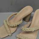 Womens Chunky Heeled Sandals Pearl Strappy Open Square Toe Slip-on Block Heels Backless Mules Shoes (6, Khaki)