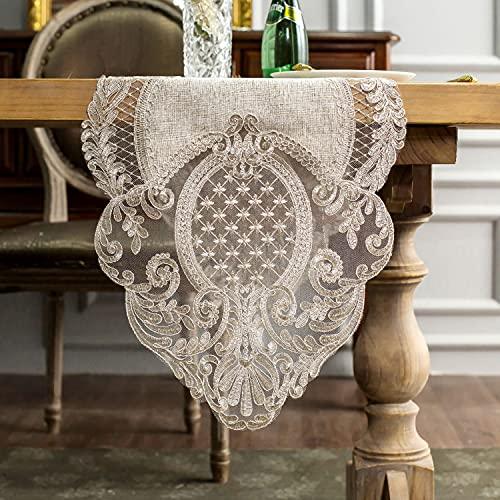 ARTABLE Lace Table Runner Rectangle Gray Cotton Linen Fabric Dresser Scarf with Exquisite Macrame Embroidery Table Runners for Kitchen Home Wedding Party Dining Decoration (Stone Gray, 16 x 120 Inch)