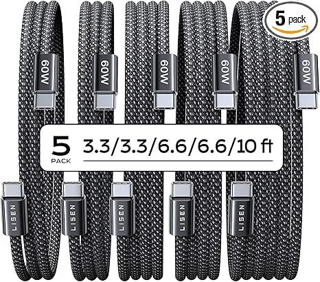 LISEN USB C to USB C Cable, 5-Pack [3.3/3.3/6.6/6.6/10FT] for iPhone 17 Charger Cord, 60W C to C Cable Fast Charging for iPad, iPhone 16 15 Pro Max, Galaxy S25/S24 USBC to USBC Cable Gifts for Men
