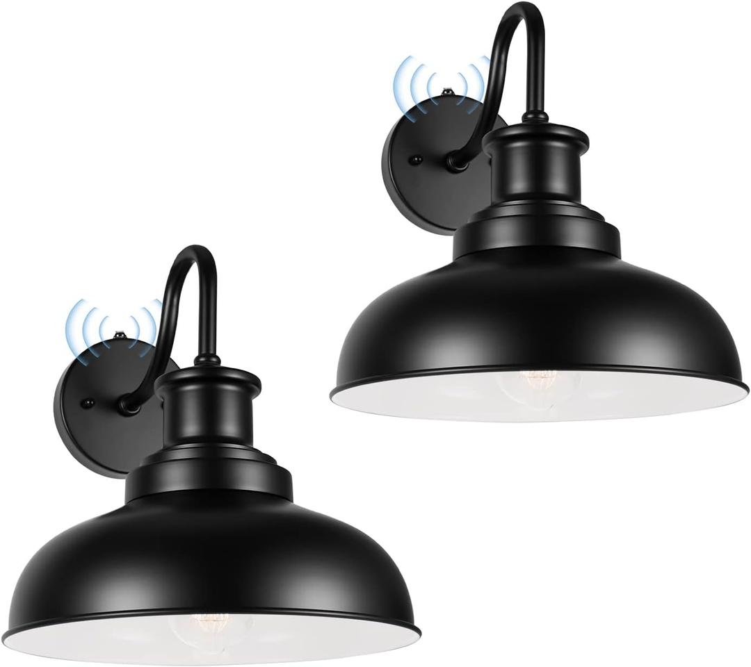 Dusk to Dawn Outdoor Gooseneck Barn Lights, Outdoor Wall Sconces Farmhouse Exterior Wall Mount Light, Vintage Outside Lighting Fixtures, Industrial Black Lanterns for Porch Garage Patio, 2 Pack