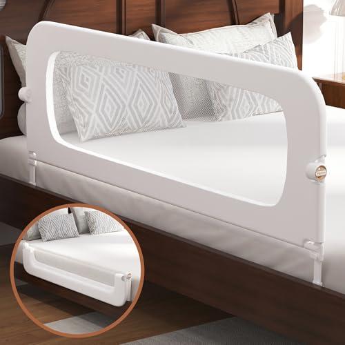 FigTime Bed Rail for Toddlers, Baby Bed Rail Guard for Kids, Toddler Bed Rails with Reinforced Anchor Fit, Height Adjustable & Foldable Bed Rail Guard for Twin, Full, Queen & King Beds (White, 59IN)
