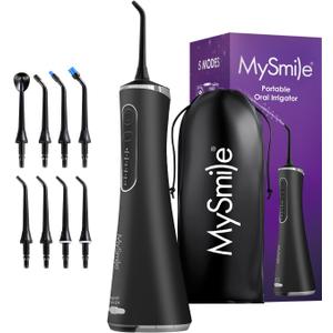 MySmile LP211 Cordless Water Flossers, Portable Rechargeable Oral Irrigator for Teeth Cleaning, 5 Cleaning Modes, IPX7 Waterproof, 8 Replacement Tips and a Storage Pouch (Midnight Black)