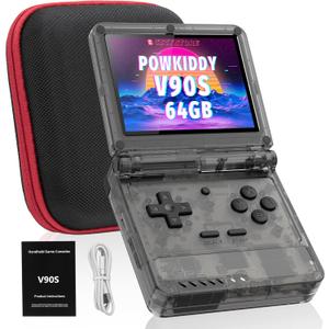 Powkiddy V90S Retro Handheld Console - 10,000+ Preloaded Games, Foldable Clamshell Design, 3.5" IPS Screen, 4-6 Hour Battery, Dual TF Slots (Transparent Black)
