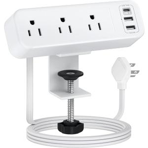 3 Outlet Desk Clamp Power Strip with USB C, White Flat Plug Desktop Edge Power Strip, Desk Mount Clamp Socket Connect 6.5 ft Thin Extension Cord for 1.6 inch Tables.