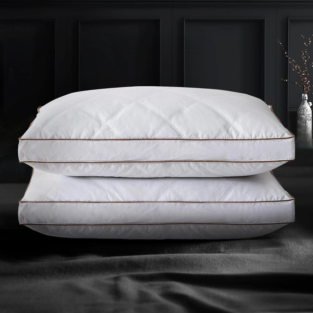 UNIKOME Goose Feathers and Down Pillow, Hotel Collection Gusseted Bed Pillows for Sleeping, 100% Cotton Pillow Cover, Standard Size, Set of 2 (Standard (Pack of 2), B-gusseted)