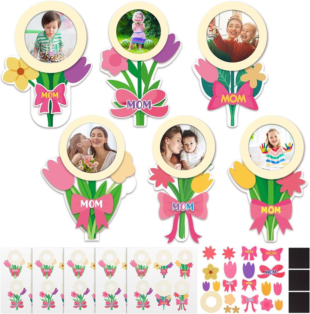 30 Sets Mother's Day Flowers Picture Frame Magnet Craft Kit, DIY Mom Photo Frame Crafts Make Your Own Frame Kit with Adhesive Dots and Renderings for Kid Mothers Day Gift Classroom Activities