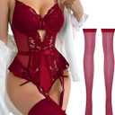 Lilosy Sexy Stocking Lace Mesh Bodysuit Top Underwire Garter Lingerie Set 3 Piece (Burgundy Red) XL