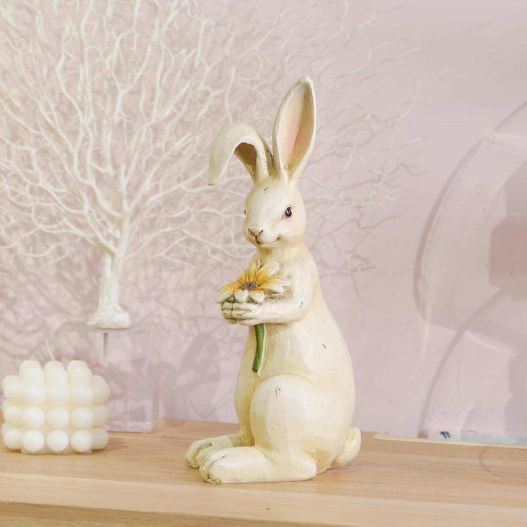 Newman House Studio Easter-Decorations - Spring Bunny Decor - Table Centerpiece - Spring Figurines - Indoor Bunny Statues with Flower Farmhouse Office Room Decor for Table 5 * 4.25 * 11.75 inch (Bunny With Flower)