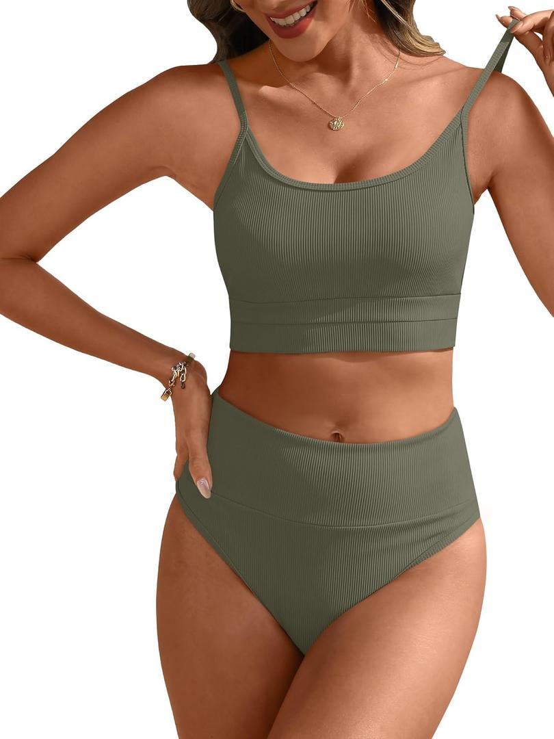 ANRABESS Women High Waisted Bikini Sets Color Block Summer Beach Vacation 2 Piece Bathing Suit Tummy Control Ribbed Swimsuit (Small, Army Green)
