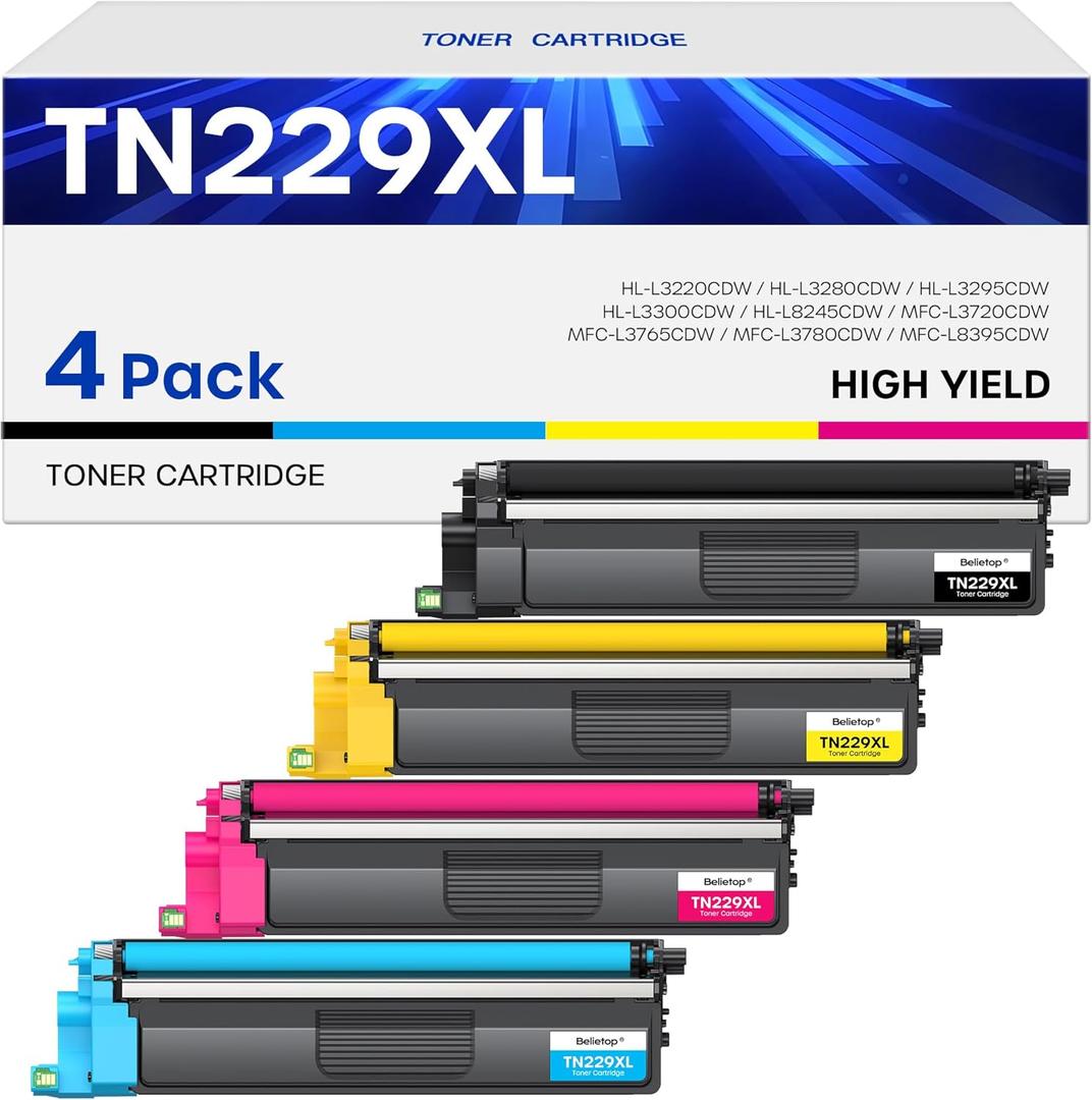 Compatible TN229XL Toner Cartridges High Yield Replacement for Brother TN229XL TN 229XL for MFC-L3780CDW MFC-L3720CDW HL-L3280CDW HL-L3220CDW HL-L3300CDW HL-L3295CDW Printers (4 Pack, B/C/M/Y)