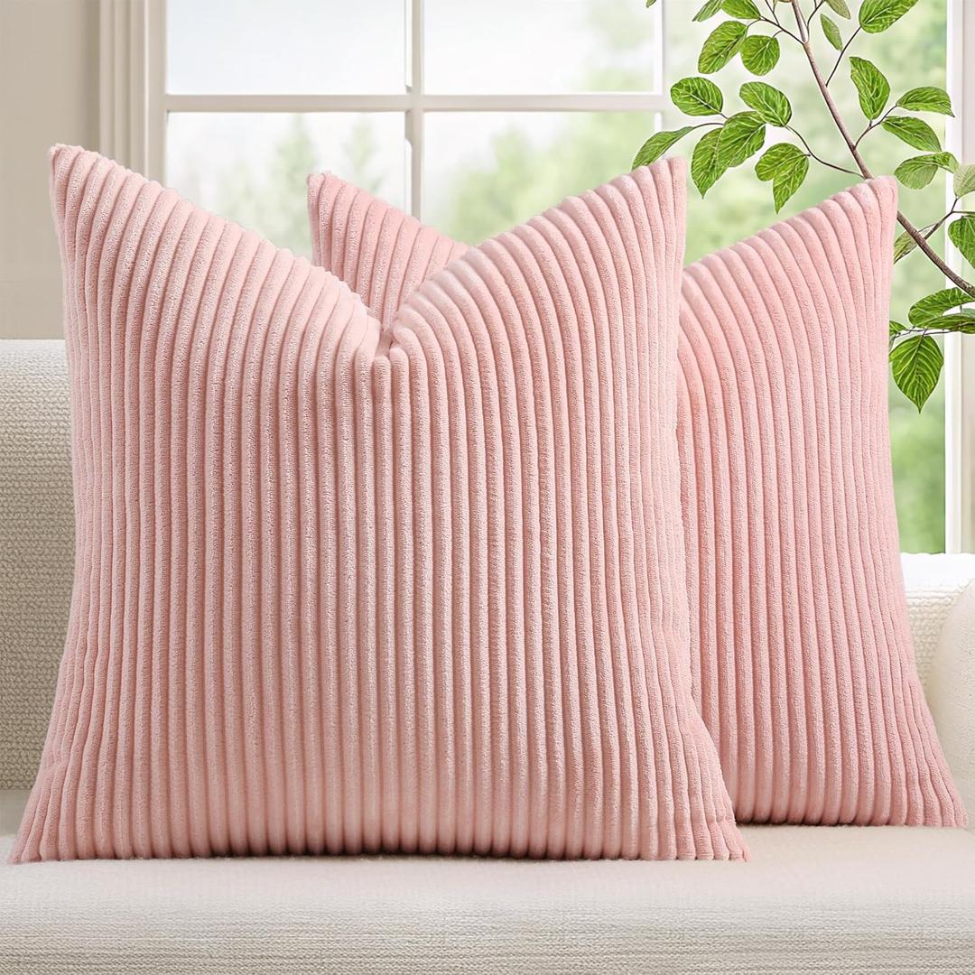 Mecatny Corduroy Decorative Throw Pillow Covers 18x18 Set of 2 for Sofa Living Room, Soft Neutral Boho Couch Pillow Covers for Home Decor, Pink