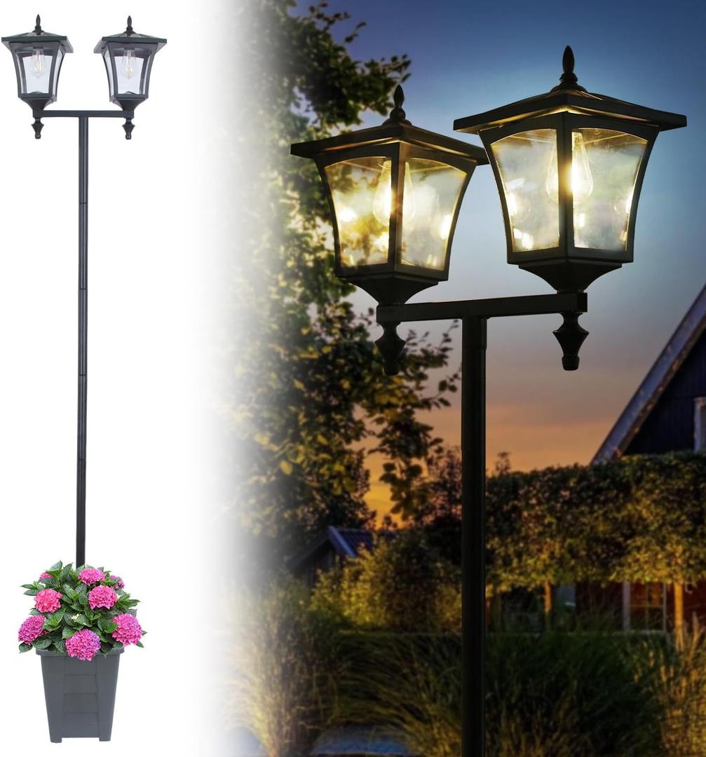 68.9" Solar Lamp Post Light with Planter,2-Head Solar Pole Light Outdoor Waterproof for Porch,Yard,Driveway,Garden,Patio Decor (1Pack)