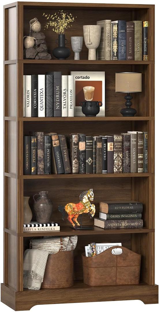 TVU 5 Tiers Wooden Bookshelf, 65.2" Tall Farmhouse Style Open Bookcase, 31.5" Wide Standing Book Shelf with Storage for Study Room, Living Room, Walnut, 11.8" D x 31.5" W x 65.2" H