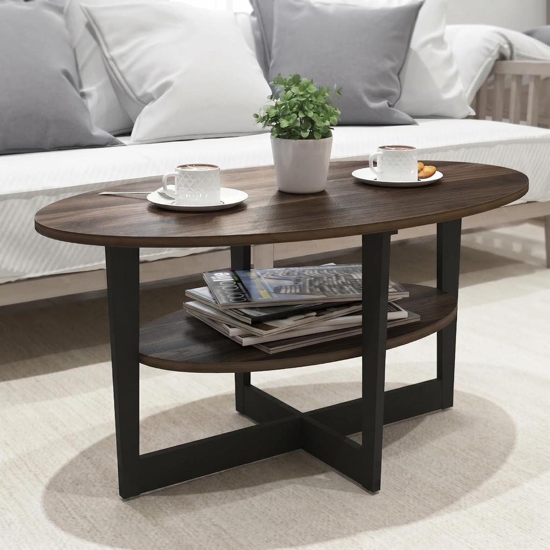 Furinno Jaya 2-Tier Round Coffee Table, Small Rustic Brown Coffee Table with Storage Shelf, Oval Center Table for Living Room, Bedroom, Home Office, Brown Walnut