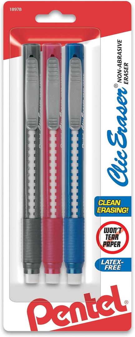 Pentel Clic Retractable Eraser with Grip, Assorted Barrel Colors (ZE21BP3M) (Pack of 3) (Multicolor)