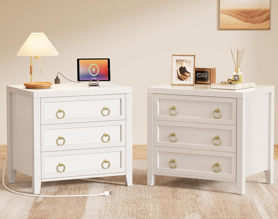 Huuger Paint Night Stand with Charger Station and USB-C Port, 3 Drawer Nightstands Set of 2, Larger Wider Bedside Table, Modern End Table, for Bedroom, White Nightstand