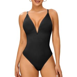 Lace Bodysuit Backless Shapewear for Women V-Neck Tummy Control Thong Body Shaper, Medium, Black 