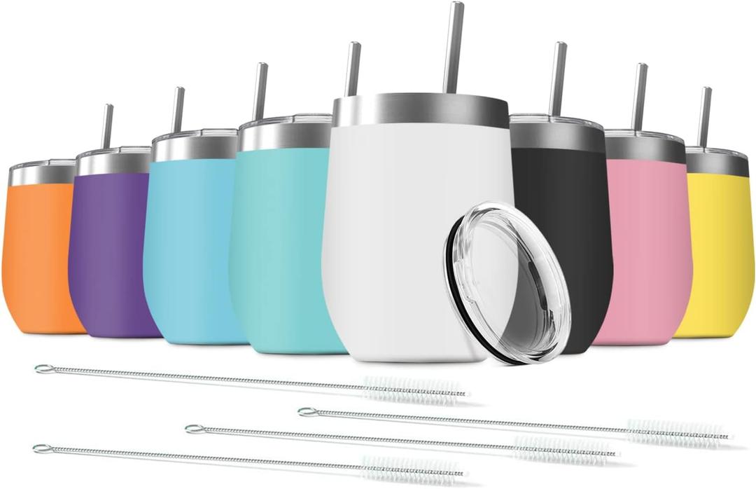 8 Pack 12 oz Stainless Steel Wine Tumbler with Lids, Double Wall Vacuum Insulated Travel Cup Including 8 Straws Set for Coffee, Cocktail, Drink, Tea and Beer (Assorted Colors)