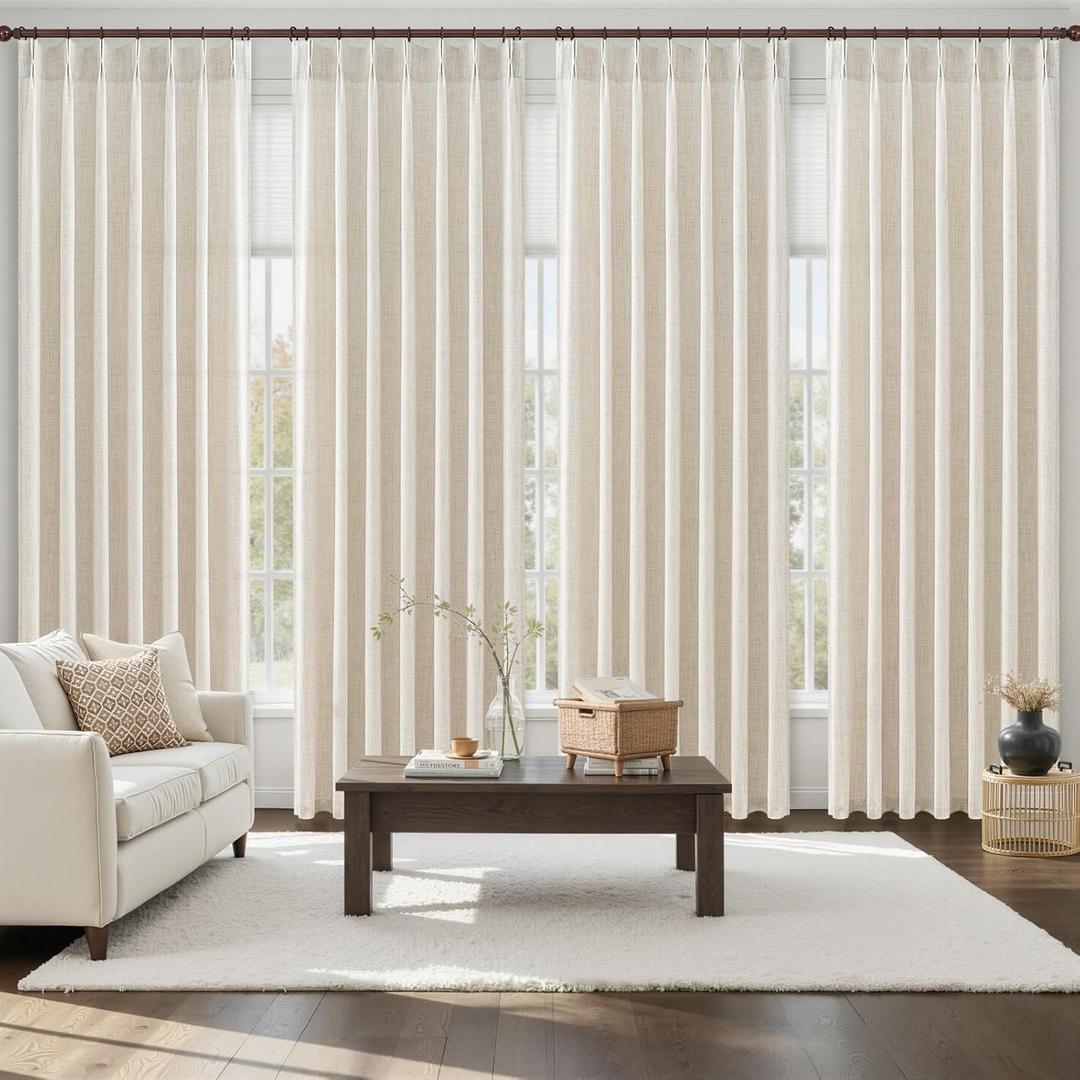 Pinch Pleated Linen Viral Curtains 4 Panels Set for Living Room 96 Inches Long, Birch Memory Trained Pleat Light Sheer Filtering Farmhouse Window Curtain with Hook Ring Ivory Cream Bedroom 8FT Length