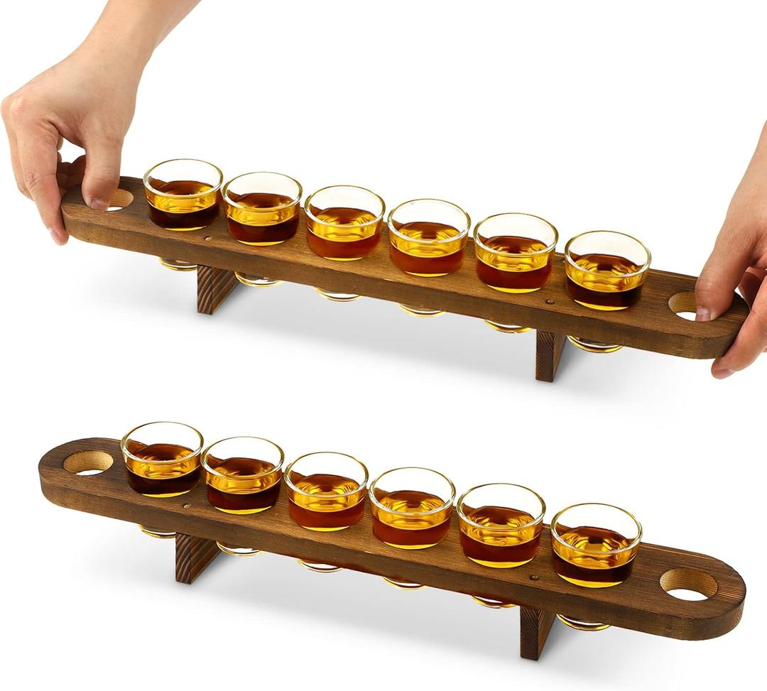 2 Pack Shot Glasses Serving Tray and Shot Glasses Set Rustic Wooden Holder for Drinking Tequila cups Set with Tray Whiskey Flight Board with cups for Party Restaurant Bar Display
