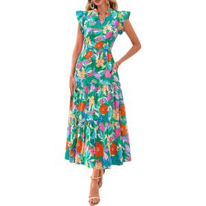 PRETTYGARDEN Women's 2026 Summer Floral Midi Dress Cap Sleeve V Neck Ruffle Long Flowy Boho Casual Beach Vacation Dresses (S)