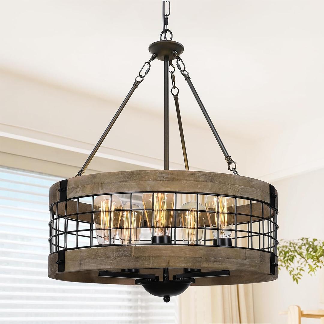 LamQee 19 Inch Farmhouse Dining Room Light Fixture, 5 Lights Modern Farmhouse Chandelier with Wood and Black Metal Shade, Rustic Chandeliers Hanging Pendant Lighting for Kitchen Island Entryway Foyer (Adjustable height)