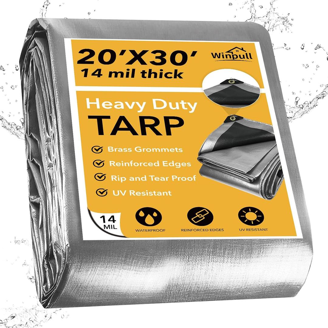 Winpull Tarp 20x30 Feet 14 Mil Heavy Duty Waterproof Tarp, Large Multipurpose Cover with Brass Grommets and Reinforced Edges, UV Resistant Thick Poly Tarps for Outdoor Camping Tent Pool Car