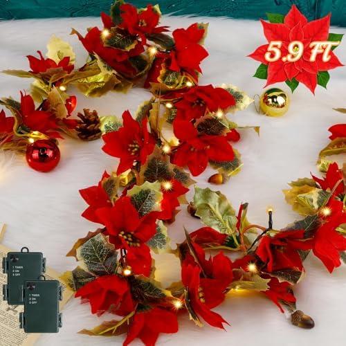 Glintoper 2 Pack Christmas Poinsettia Garland, 5.9 FT Lighted Artificial Garlands with 36 Red Flowers, Battery Operated with Timer Poinsettia String Lights, Light up for Xmas New Year Home Decor