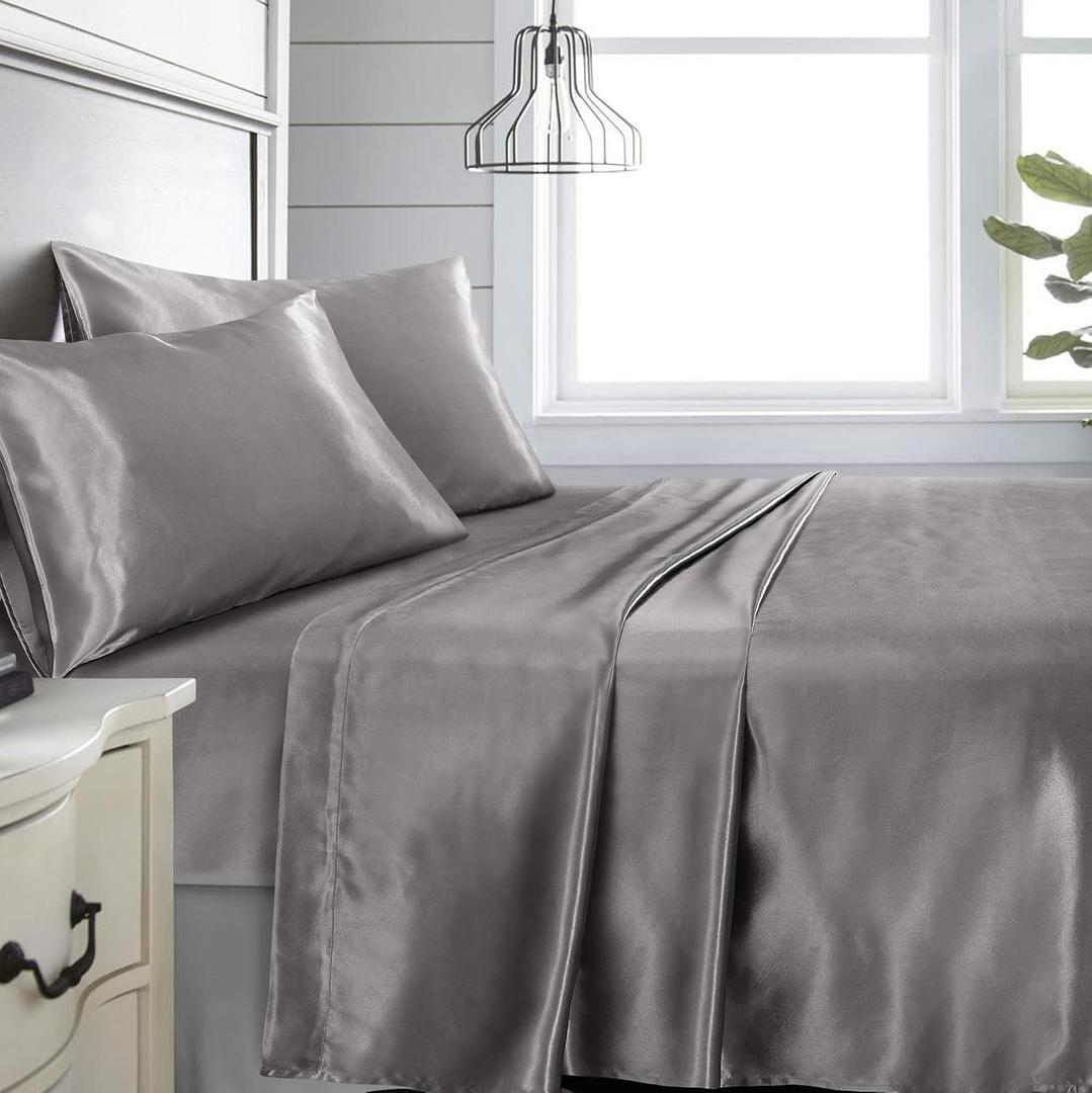 Niagara Full Grey Bed Sheet Set 4 Pieces Silky Smooth Bridal Satin Deep Pocket Fitted, Flat, 2 Pillow Cases Wrinkle Stain, Fade Resistant (Grey Satin, Full)