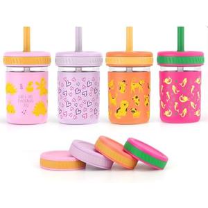 Sursip Toddler Glass Cups with Straw, Spill-Proof Kids Mason Jar Food Storage with Lids, Sippy Cups for Drinks, Smoothies, Snacks, Milk Cup [4 Pack] 8 oz 2-in-1