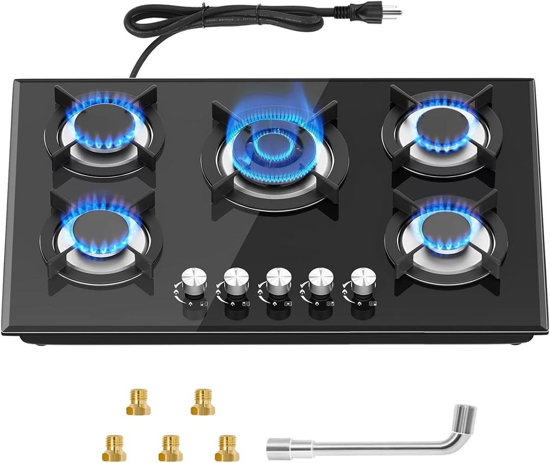 5 Burners Gas Stove 30inch, Built-in Kitchen Gas Stovetop with NG/LPG Conversion Kit, Glass Top Gas Burner (30in x 20.5in) (AR-ND-G03)