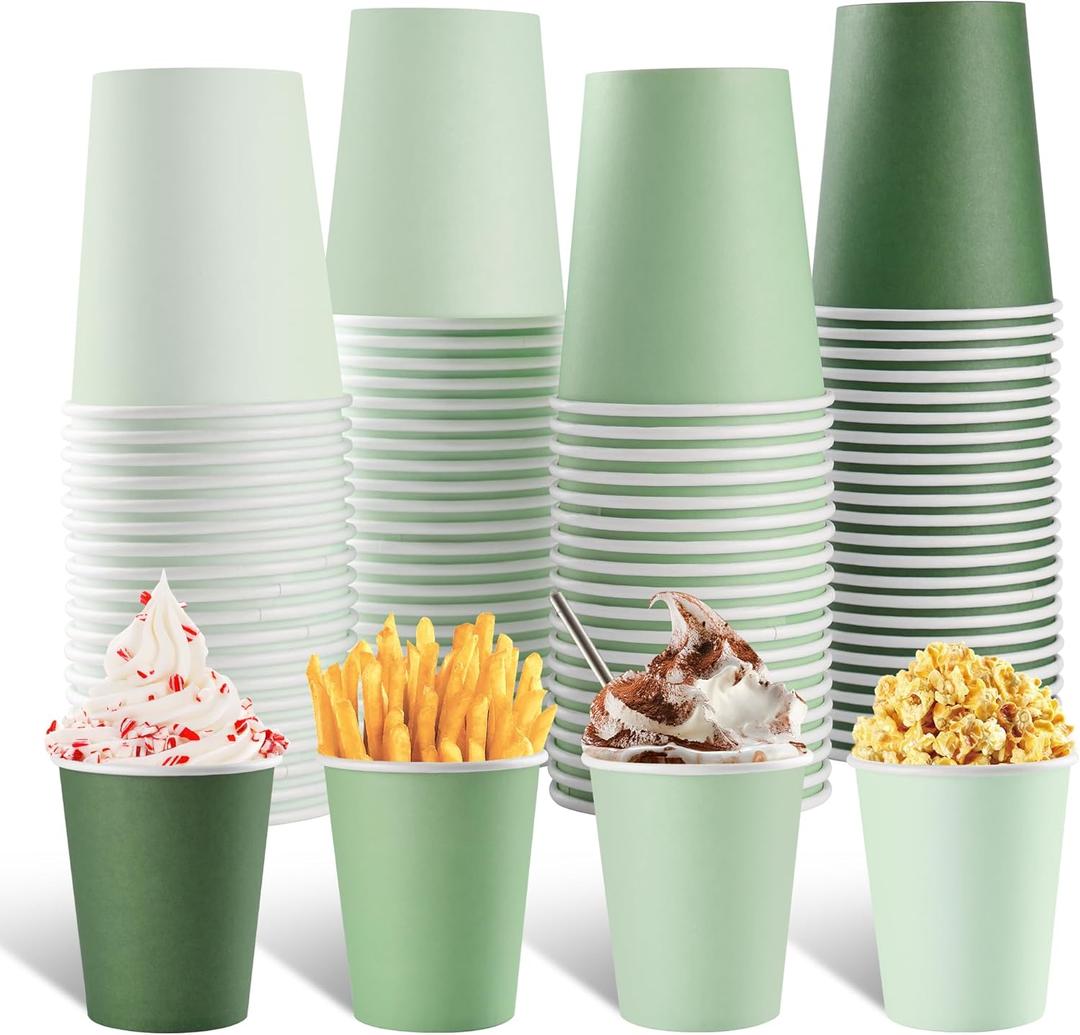 100 Pcs Sage Green Paper Cups 9oz Disposable Coffee Paper Cups Gradient Green Party Cups Birthday Bridal Shower Beverage Drinking Cups for Wedding Picnic St Patricks Tea Party Supplies