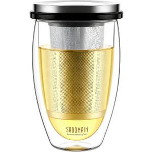 Glass Tea Cup with Infuser and Lid, Tea Infuser Mug in 12 OZ/350ML, Heat-Proof Double Wall Glass Tea Cup, 100% Plastic-Free Tea Mug with Lid and Strainer, Keeps Drinks Hot/Cold Longer Time