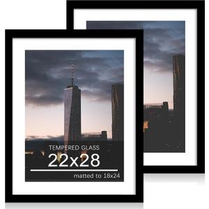 22x28 Picture Frame Set of 2, 22 x 28 Wood Poster Frames with Mat for 18x24, Wooden Photo Frames with Tempered Glass Cover for Wall Display,Black, 22x28-2Pack