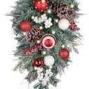 Valery Madelyn Pre-Lit Christmas Teardrop Swag for Decorating Outdoor, 24 Inch Red White Mailbox Swag Decoration with 20 LED Lights, Ball Ornament for Front Door Stairway Window Shelf Xmas Home Decor