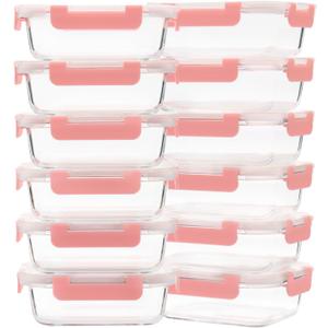 Glass Meal Prep Containers 12-Pack, 22oz Glass Food Storage Containers with Lids, Air-Tight, Leak-Resistant, Freezer to Microwave Safe-Pink Set