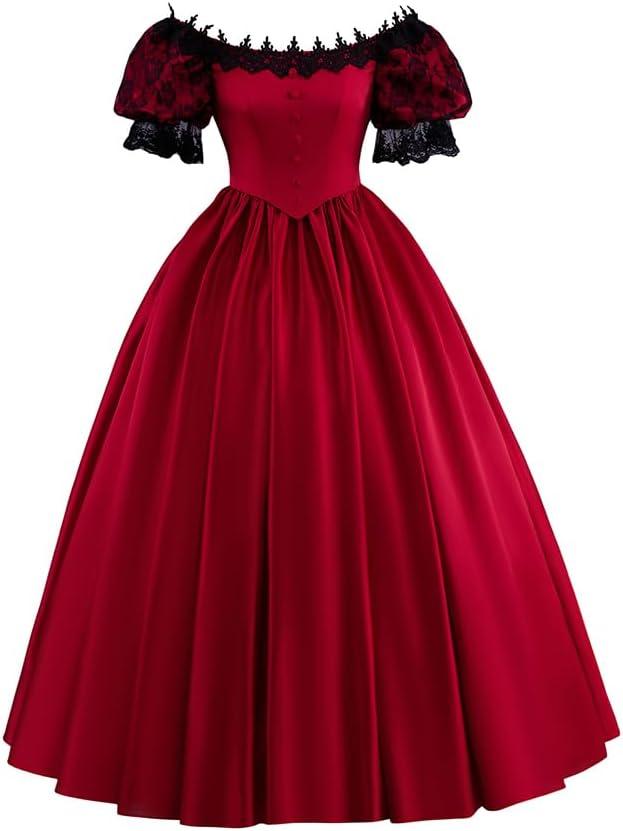 Women's Gothic Victorian Rococo Lace Dress Southern Belle Costume Civil War Colonial Ball Gown Dress (X-Large, Red)