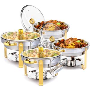 ROVSUN 5QT 4 Packs Chafing Dish Buffet Set Gold Accent, NSF Round Stainless Steel Buffet Warmer Chafers and Warmers Sets with Glass Lid & Lid Holder for Catering Events Parties Weddings Dinners