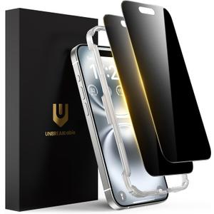 UNBREAKcable Privacy Screen Protector for iPhone 16 Plus, Anti-Spy Shatterproof Tempered Glass [True 28Anti Spy] [9H Hardness] [Easy Installation Frame] Black Protector for iPhone 6.7" - 2 Pack