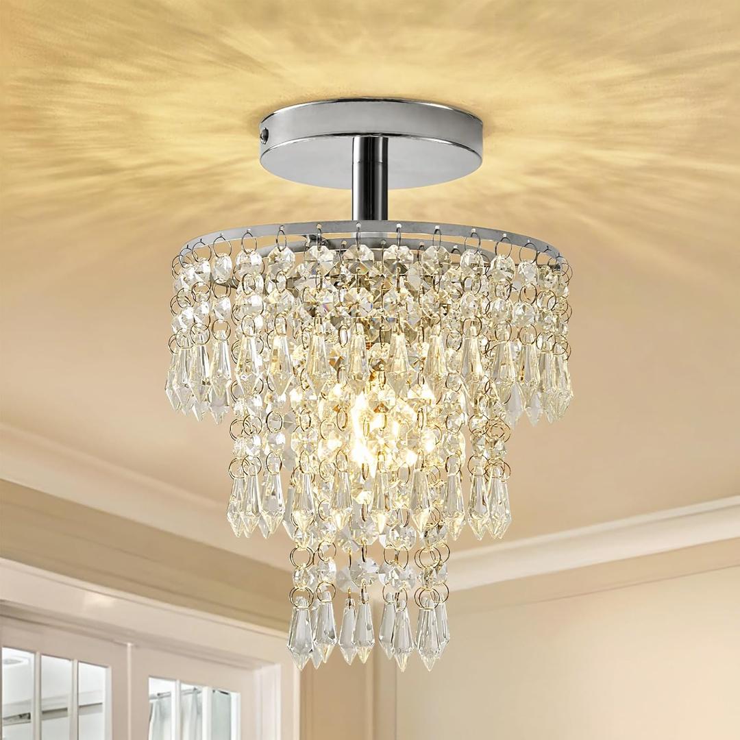 Small Crystal Chandelier, Flush Mount Ceiling Light with 3 Tiers Raindrops Crystal, E26 Base, Mini Chandelier, Ideal for Bedroom, Living Room, Hallway, Bar, Kitchen, Bathroom. D7.9"x H11" (Chrome)